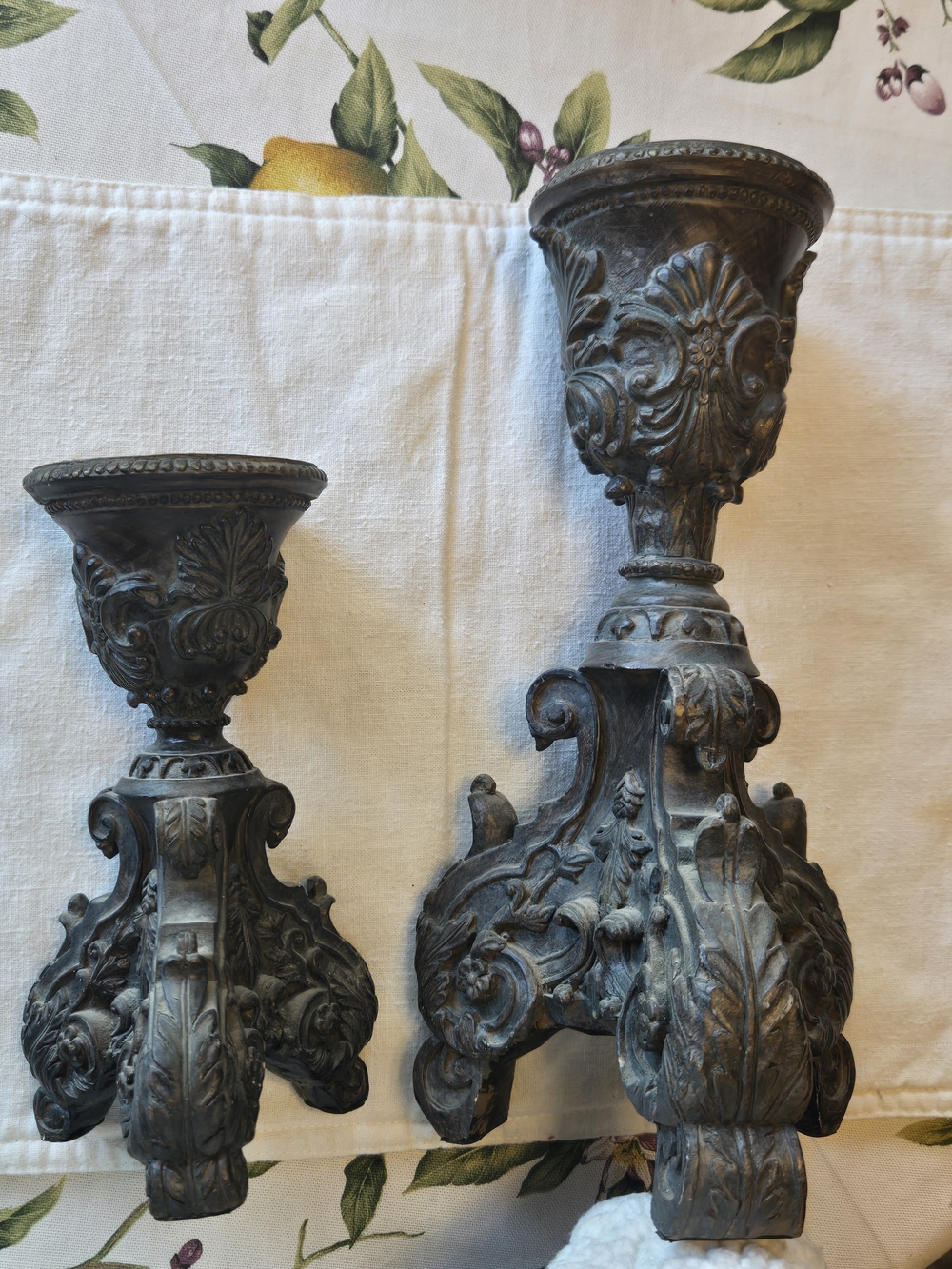 Antique-Style Ornate Heavy Resin Type Candle Holders — Brown Finish (Set of 2)